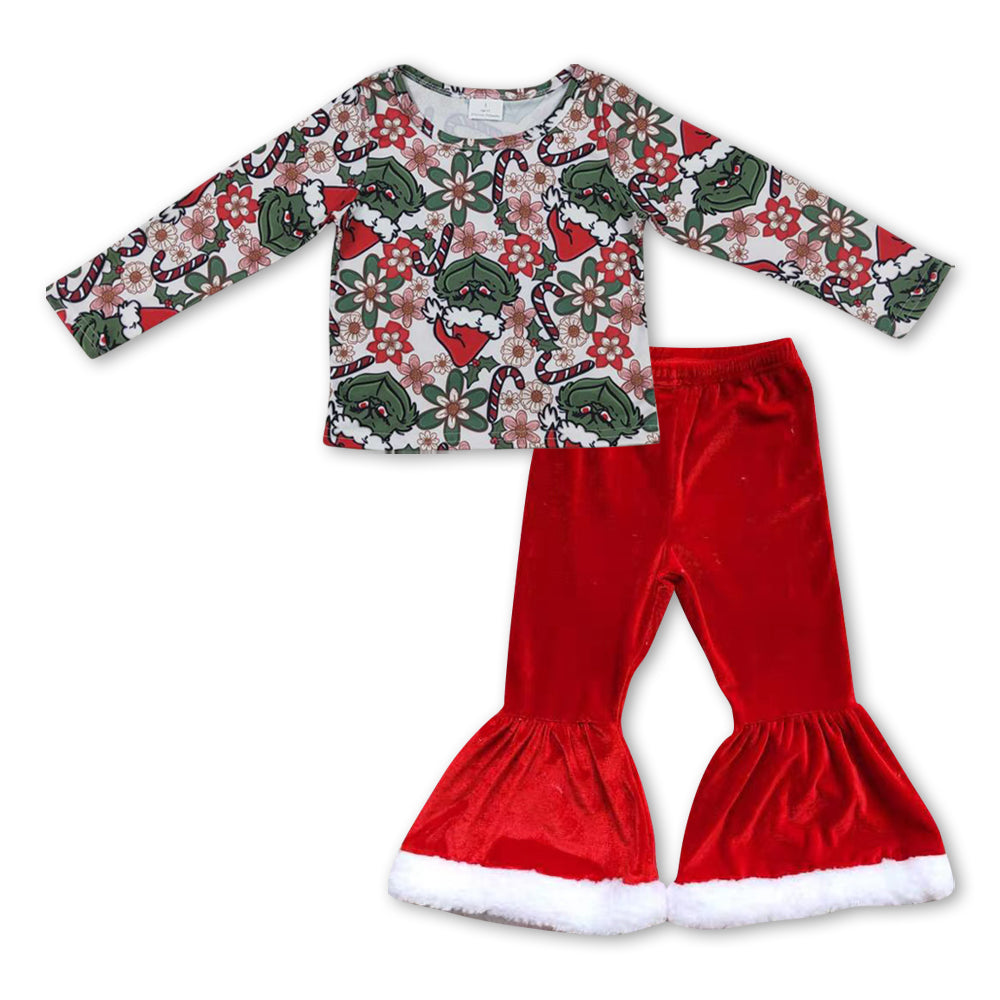GLP0931 Christmas Green Frog Top Red Velvet Bell Pants Girls Clothes Set