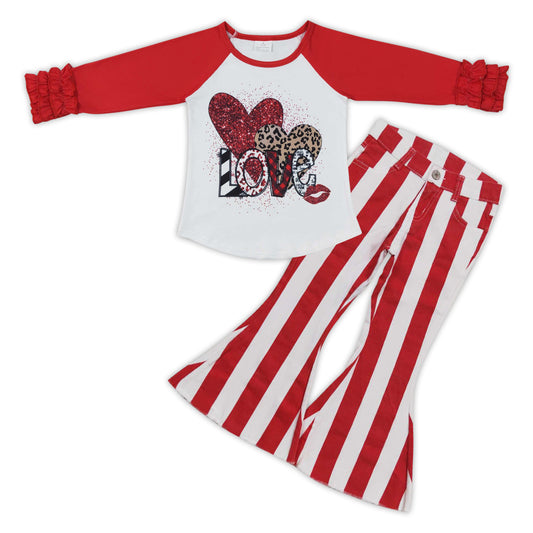 GLP0936 Love Heart Top Red White Stripes Denim Bell Jeans Girls Valentine's Clothes Set