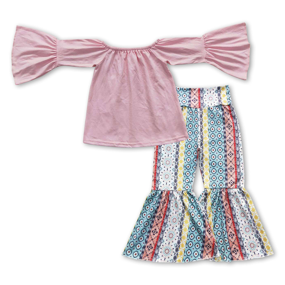 GLP0941 Pink Top Aztec Bell Pants Girls Clothes Set