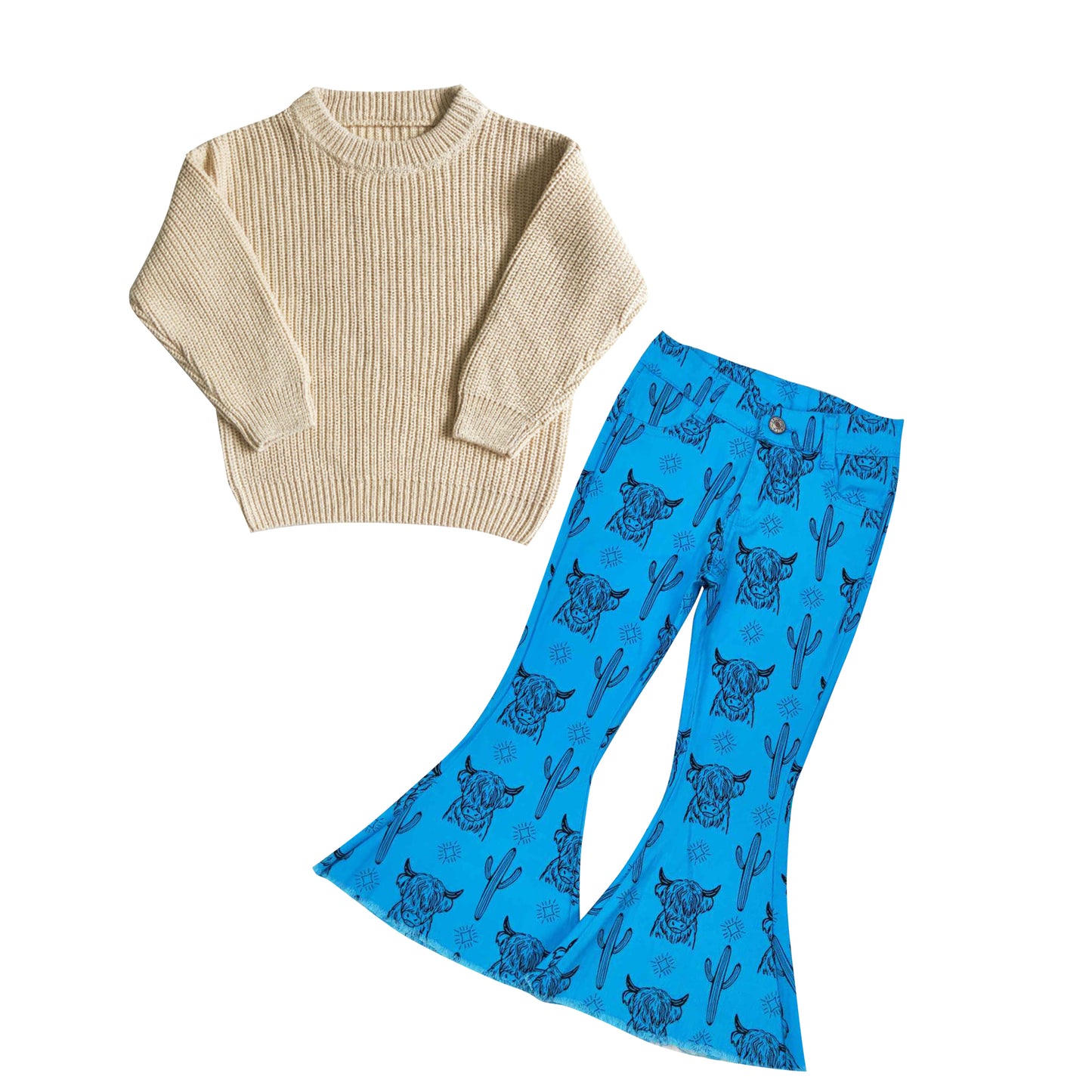 GLP0959 White Sweater Top Blue Highland Cow Denim Bell Jeans Girls Western Clothes Set