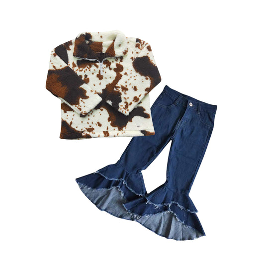 GLP0960 Cowhide Zipper Pullover Sherpa Top Blue Denim Ruffles Jeans Winter Thick Clothes Set