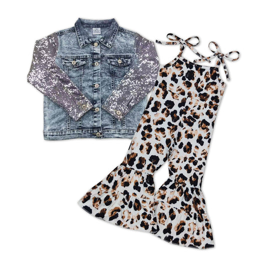 GLP0965 Sequin Long Sleeve Denim Jackets Top Leopard Jumpsuits Girls Clothes Set