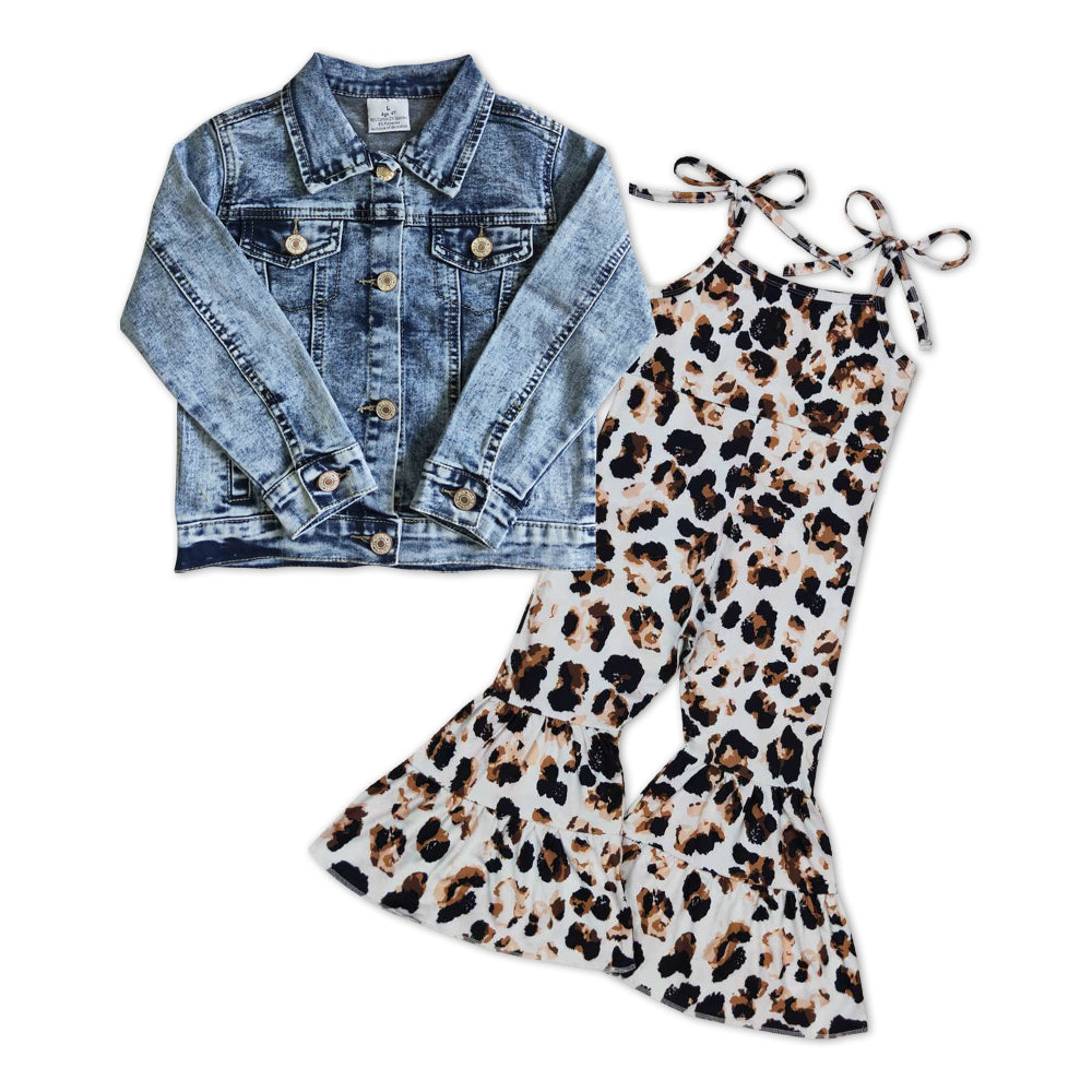 GLP0966 Denim Jackets Top Leopard Jumpsuits Girls Clothes Set