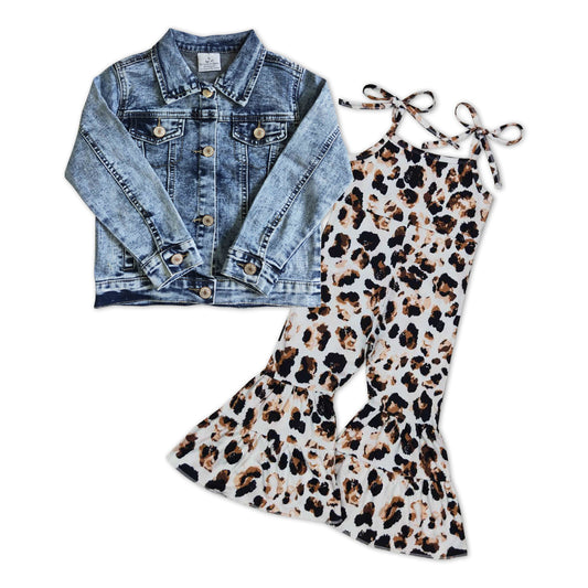 GLP0966 Denim Jackets Top Leopard Jumpsuits Girls Clothes Set