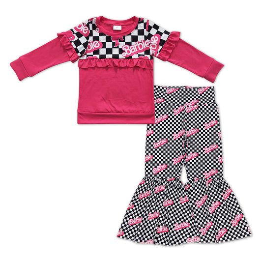 GLP0968 Hot Pink BA Ruffle Top Plaid Bell Pants Girls Clothes Set
