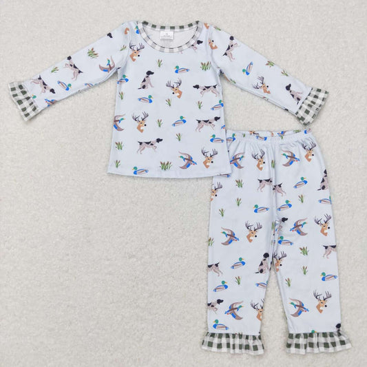 GLP0974 Duck Dog Deer Print Girls Hunting Pajamas Clothes Set