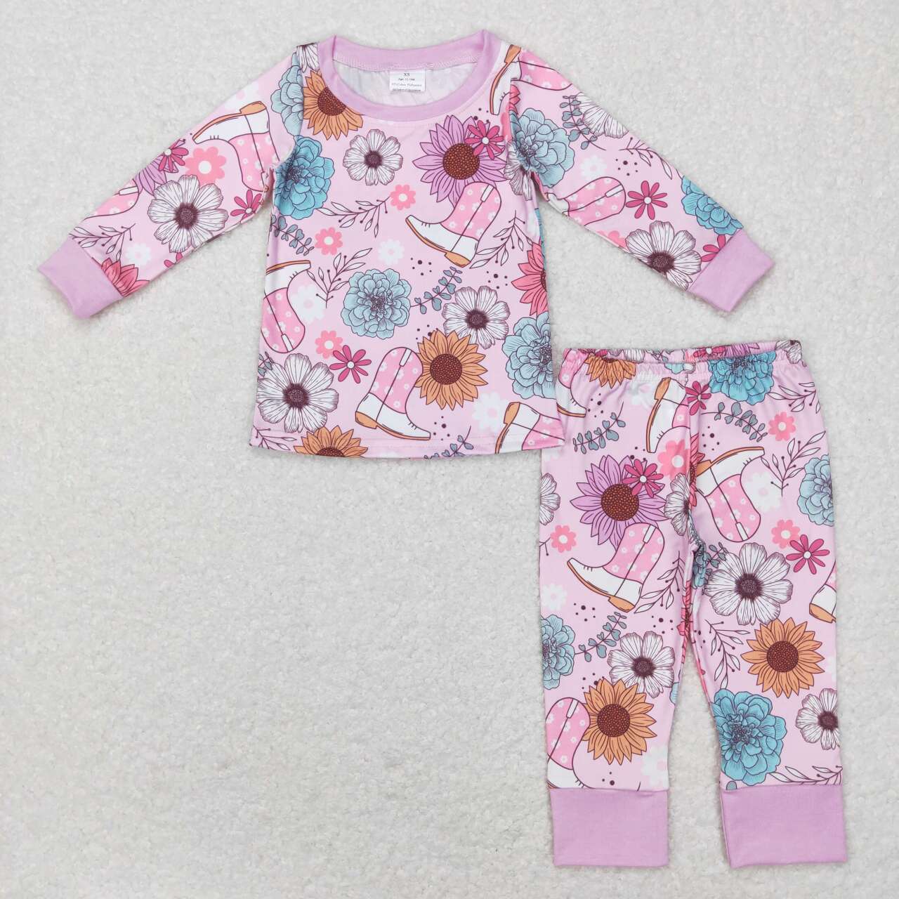 GLP0977 Boots Flowers Print Girls Western Pajamas Clothes Set