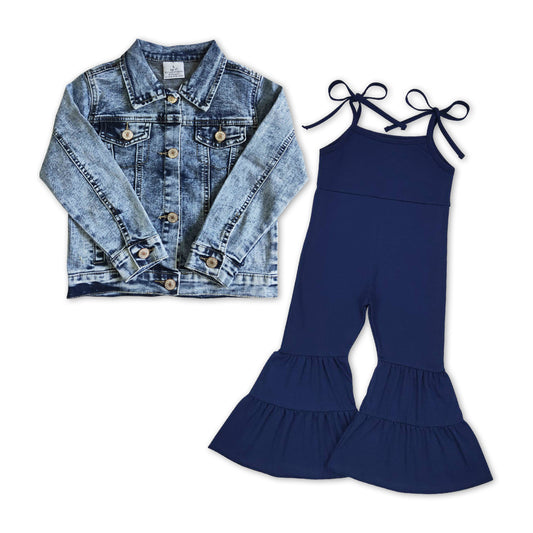 GLP0980 Denim Jackets Top Navy Jumpsuits Girls 2pcs Clothes Sets