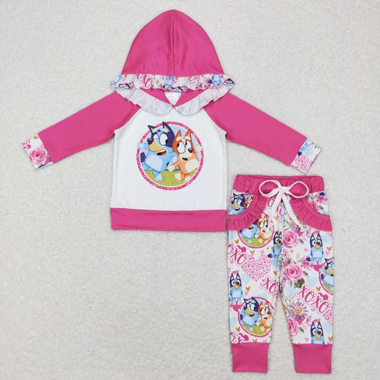 GLP0985 Hot Pink Cartoon Dog Hoodie Top Girls Clothes Set