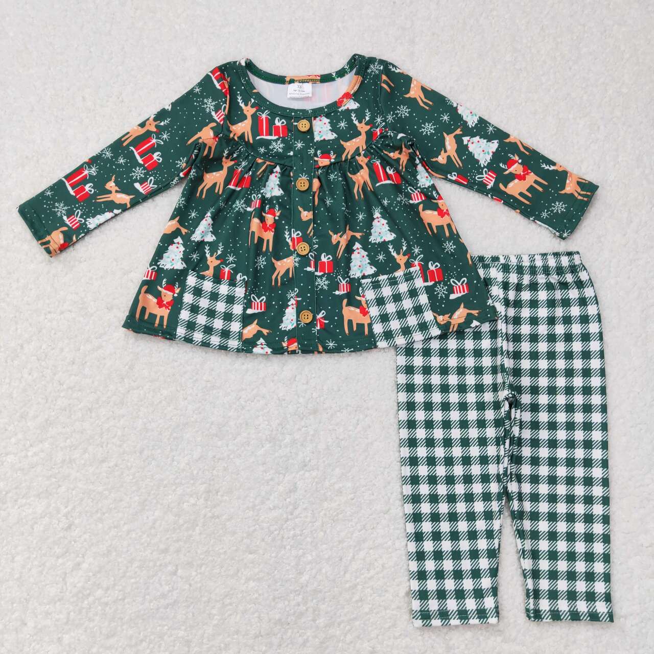 GLP0990 Christmas Deer Print Pockets Tunic Top Girls Clothes Set