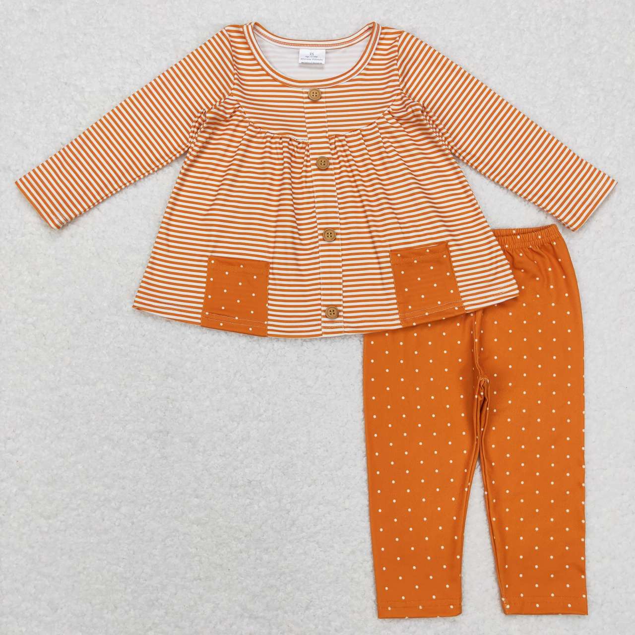 GLP0993 Orange Stripes Print Pockets Tunic Top Dots Legging Pants Girls Clothes Set