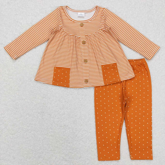 GLP0993 Orange Stripes Print Pockets Tunic Top Dots Legging Pants Girls Clothes Set