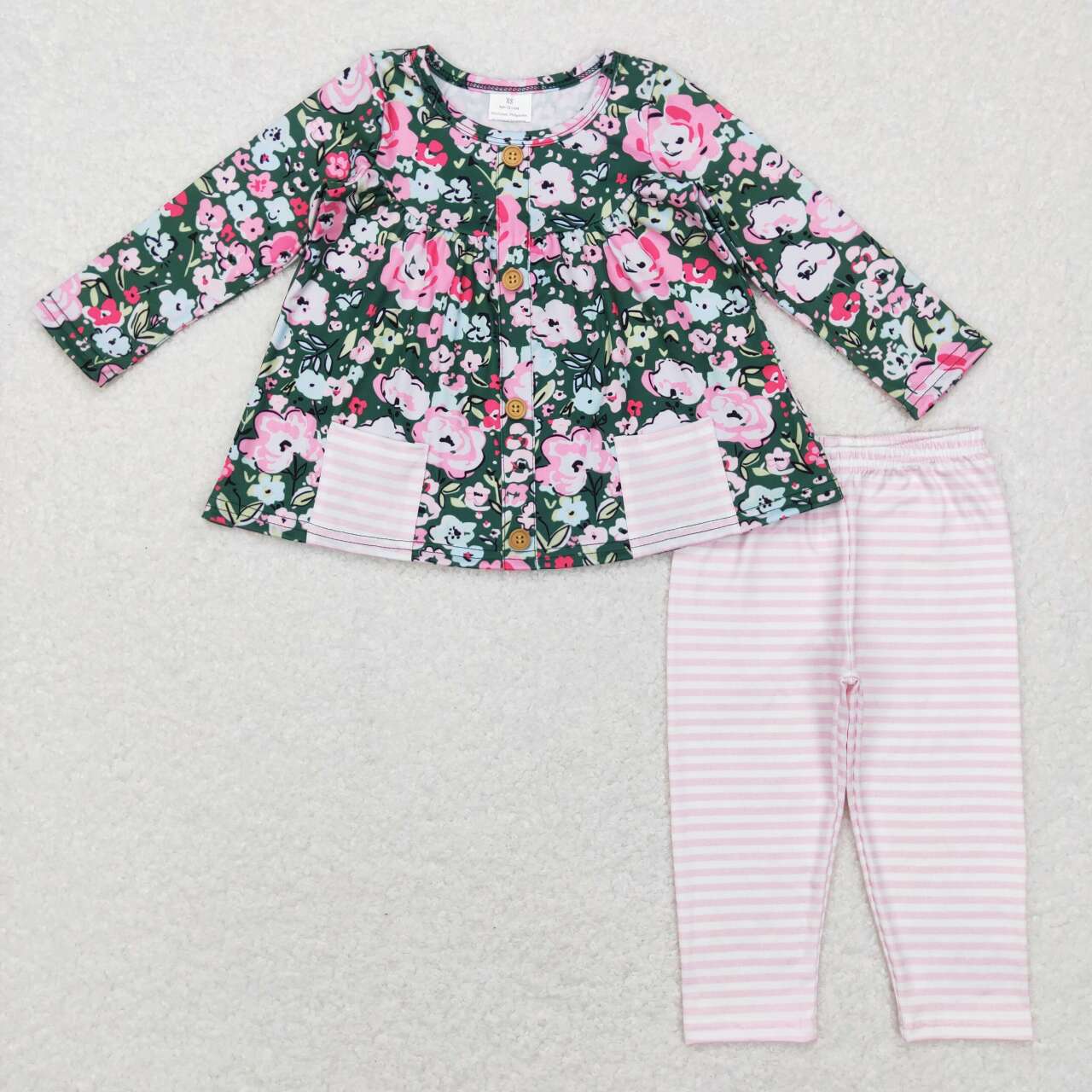 GLP0994 Green Flowers Print Pockets Tunic Top Girls Clothes Set