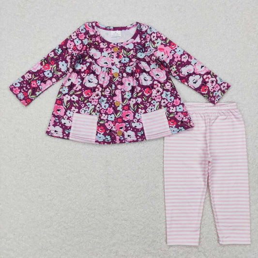 GLP0995 Purple Flowers Print Pockets Tunic Top Girls Clothes Set