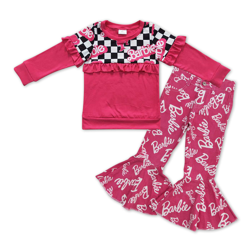 GLP1002 Pink BA Ruffle Top Denim Bell Jeans Girls Clothes Set