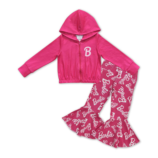 GLP1003 Pink BA Hoodie Zipper Jacket Top Denim Bell Jeans Girls Clothes Set