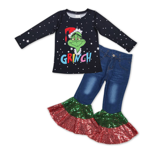 GLP1009 Christmas Frog Black Top Sequin Ruffle Denim Bell Jeans Girls Clothes Set