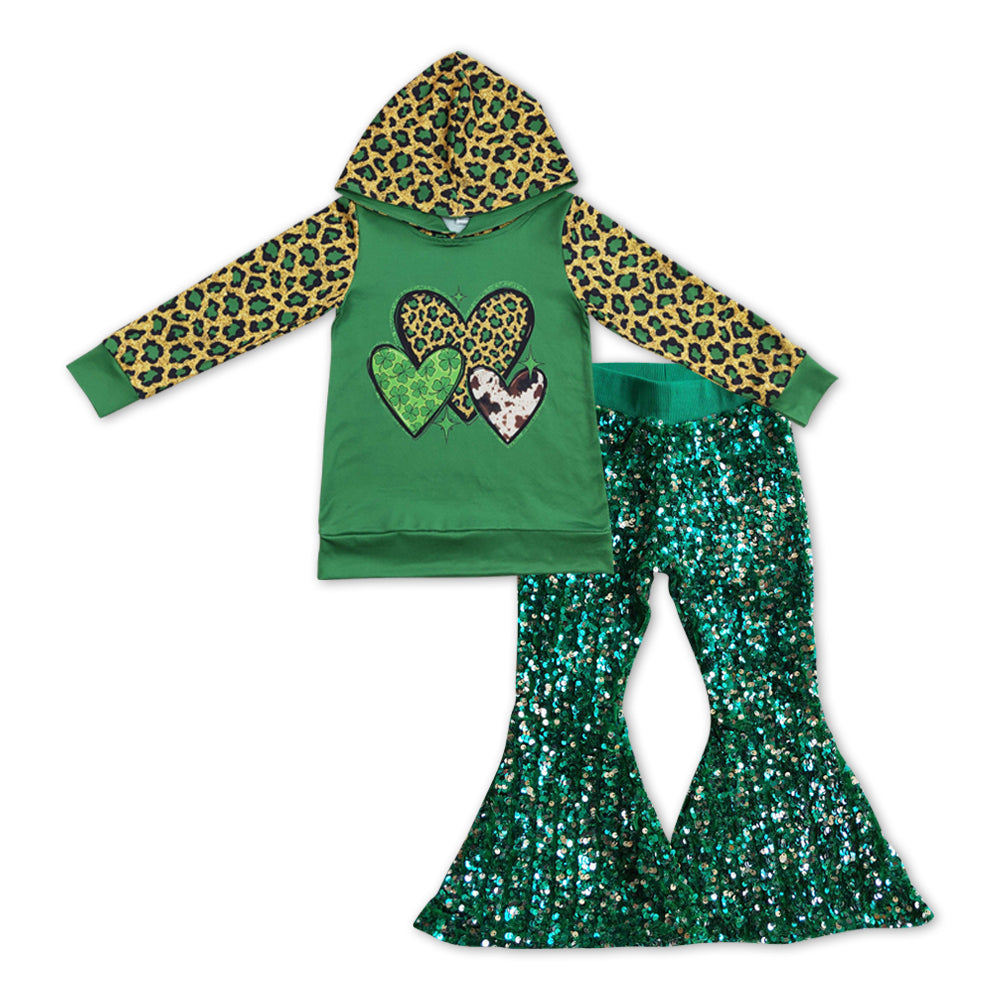 GLP1023 Green Quatrefoil Leopard Hoodie Top Sequin Bell Pants Girls St. Patrick's Clothes Sets