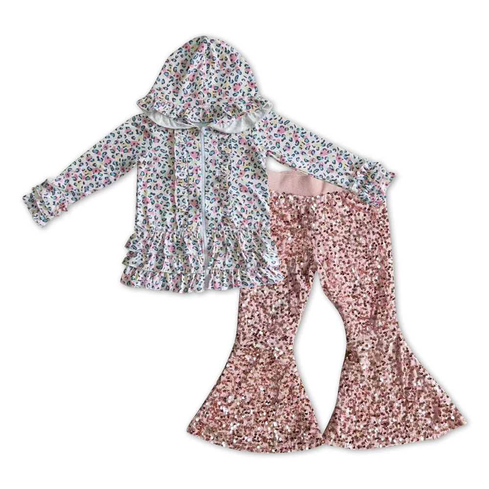 GLP1039 Leopard Hooded Ruffles Jackets Top Light Pink Sequin Bell Pants Girls Clothes Sets