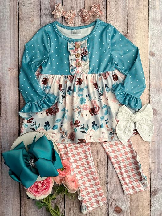 (Pre-order)GLP1076 Blue Dots Flowers Print Tunic Top Plaid Legging Pants Girls Clothes Set