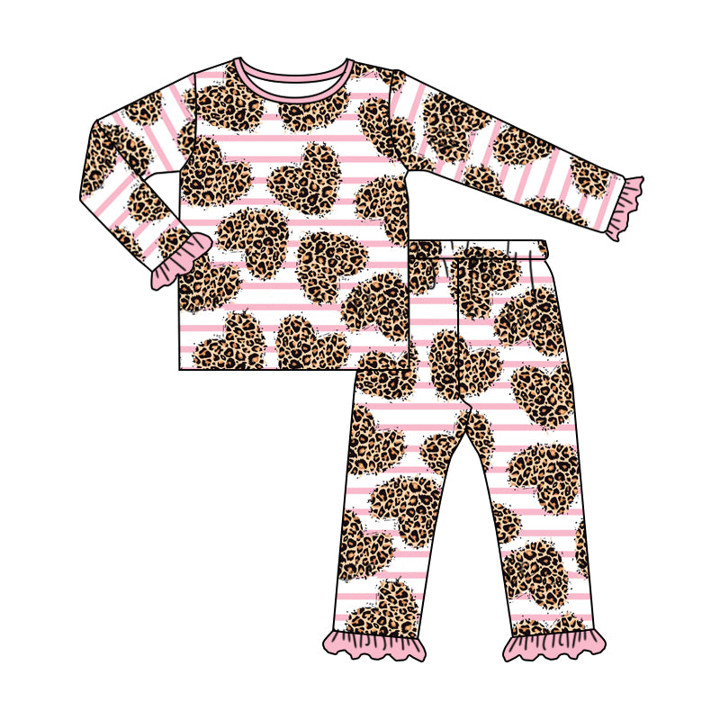 (Pre-order)GLP1091 Pink Leopard Heart Print Girls Valentine's Pajamas Clothes Set