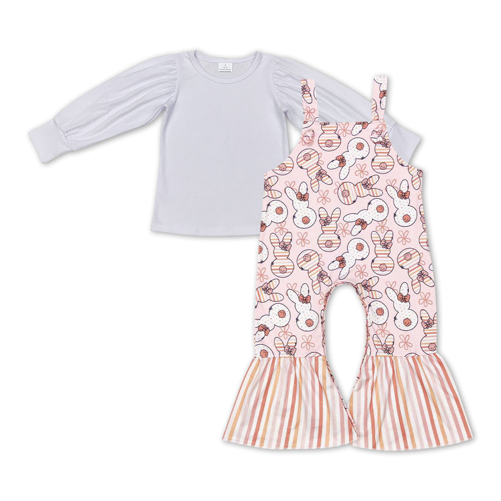 GLP1104 White Top Pink Bunny Flowers Stripes Print Jumpsuits Girls Easter Clothes Set