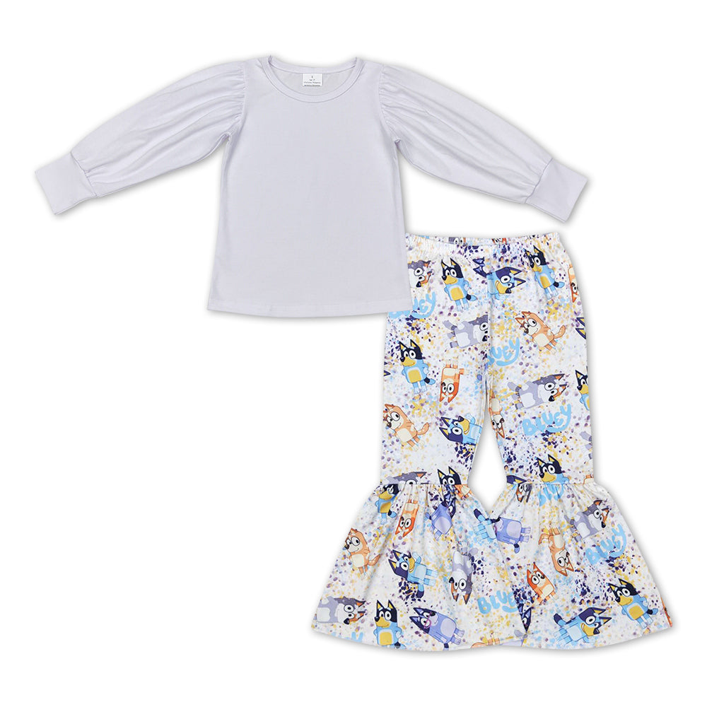 GLP1109 White Top Cartoon Dog Bell Pants Girls Clothes Set