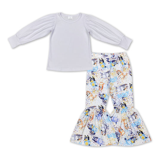 GLP1109 White Top Cartoon Dog Bell Pants Girls Clothes Set