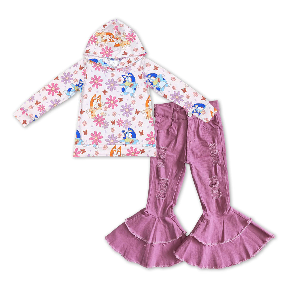 GLP1112 Cute Cartoon Dog Flowers Hoodie Top Hole Denim Bell Jeans Girls Clothes Set