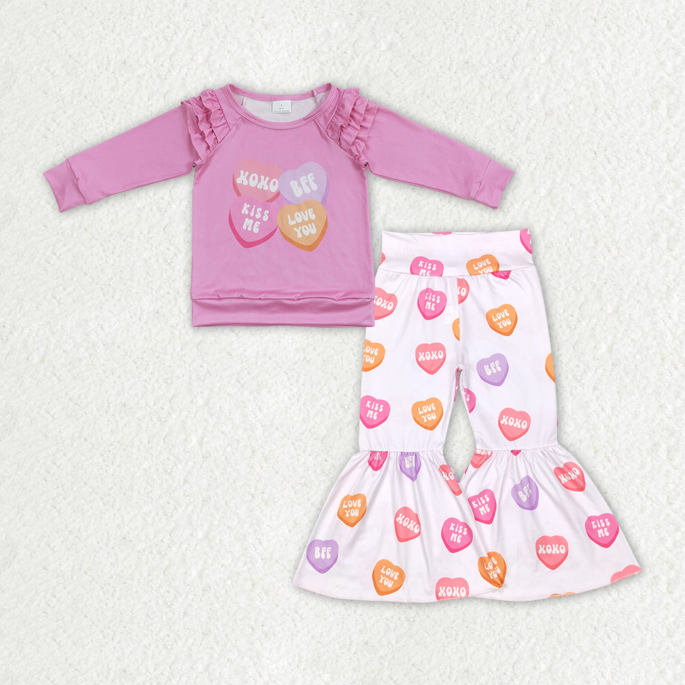 GLP1113 Heart Ruffles Top Bell Pants Girls Valentine's Clothes Set