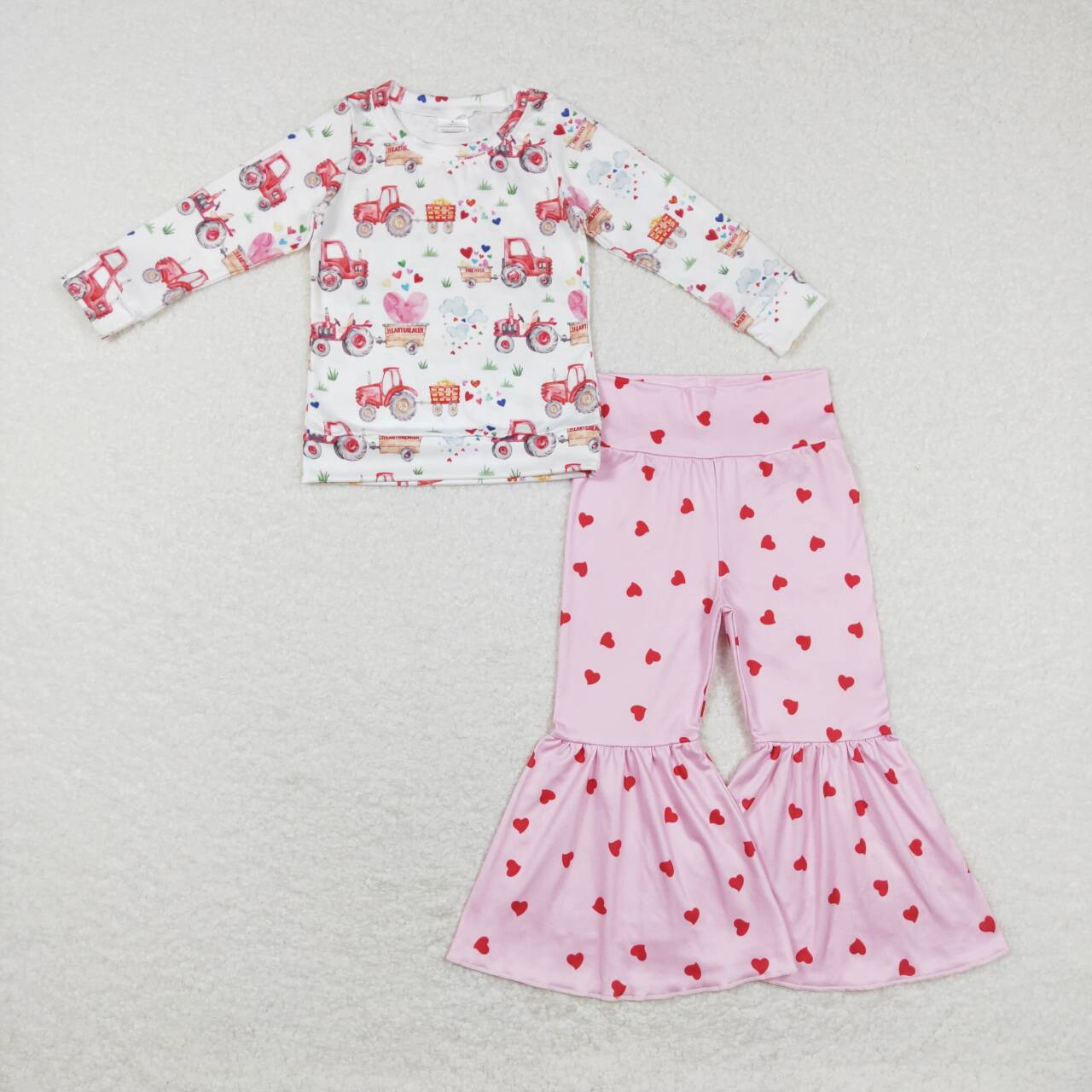 GLP1115 Tractors Heart Top Pink Bell Pants Girls Valentine's Clothes Set