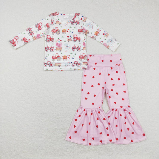 GLP1115 Tractors Heart Top Pink Bell Pants Girls Valentine's Clothes Set