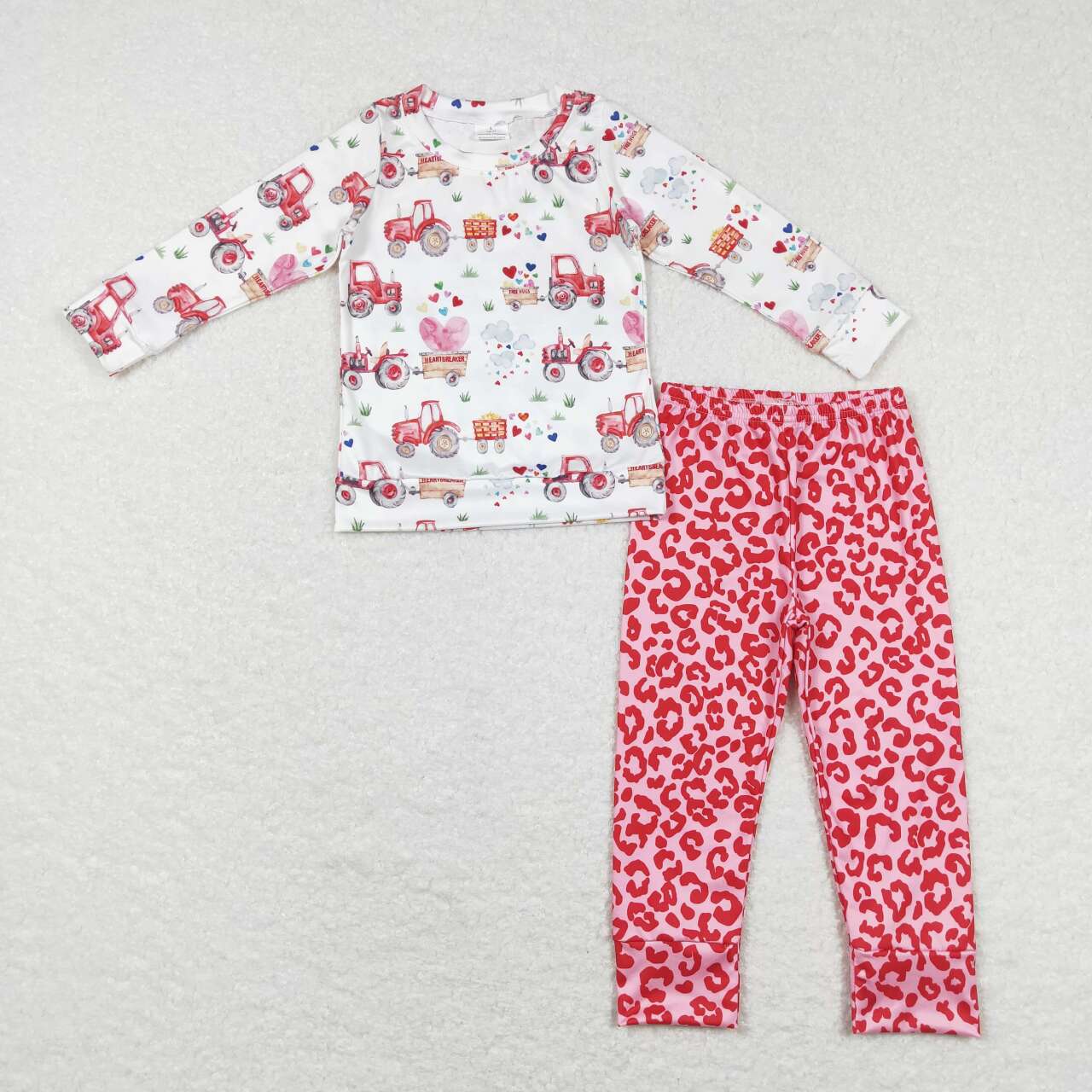 GLP1116 Tractors Heart Top Leopard Pants Girls Valentine's Clothes Set
