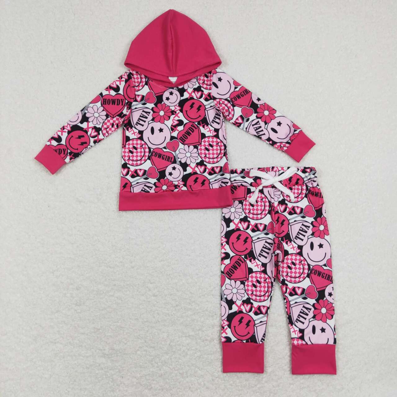 GLP1126 Pink Heart Smiling Face XOXO Print Girls Valentine's Hoodie Clothes Set