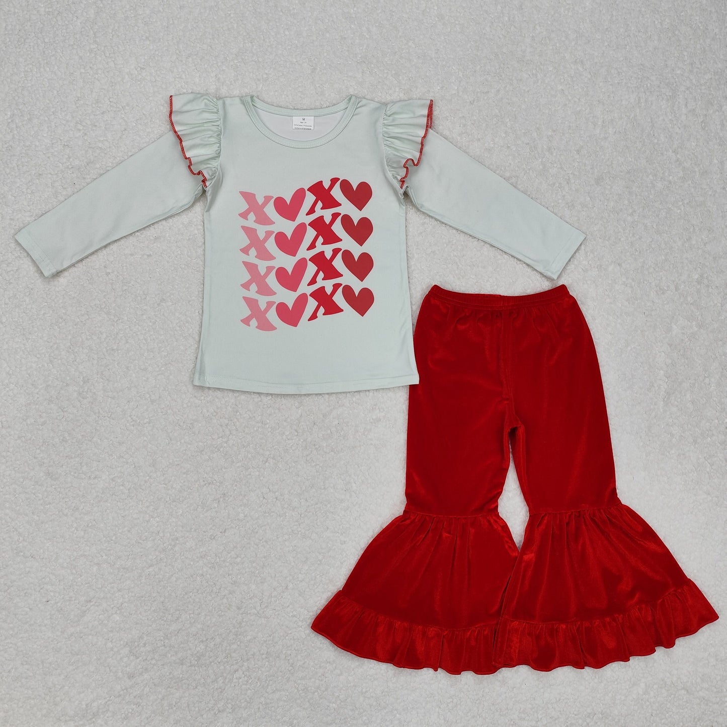 GLP1142 XOXO Top Red Velvet Bell Pants Girls Valentine's Clothes Set