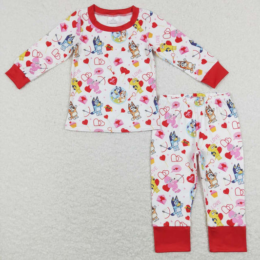 GLP1143 Cartoon Dog Heart Print Girls Valentine's Pajamas Clothes Set