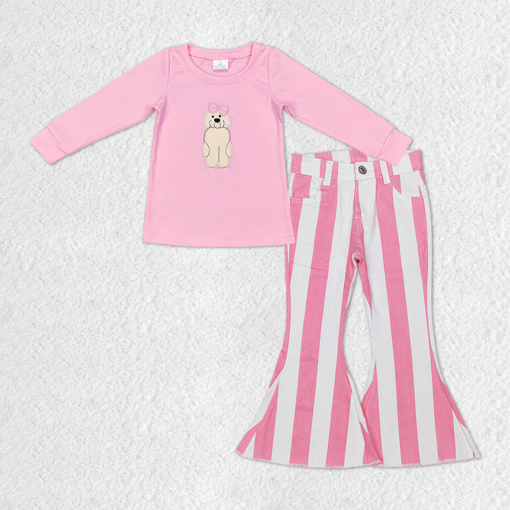 GLP1147 Pink Dog Embroidery Top Stripes Denim Jeans Girls Clothes Set