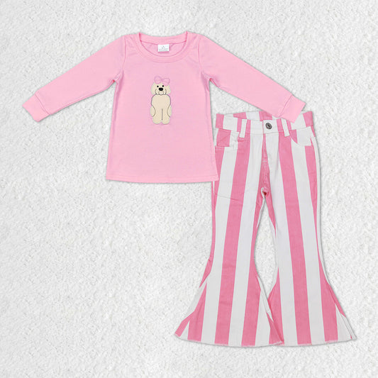GLP1147 Pink Dog Embroidery Top Stripes Denim Jeans Girls Clothes Set