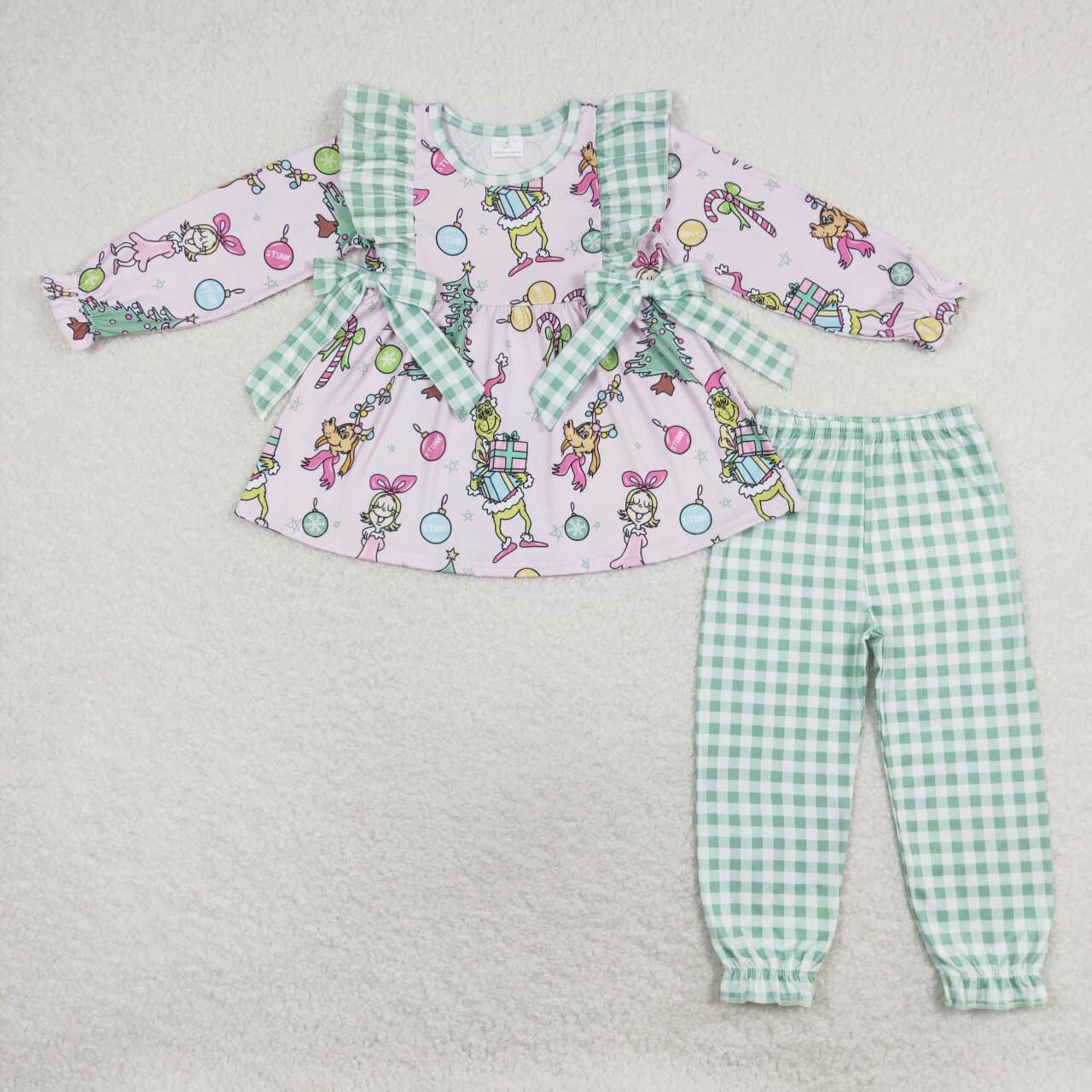 GLP1189 Green Frog Tunic Top Plaid Pants Girls Christmas Clothes Set