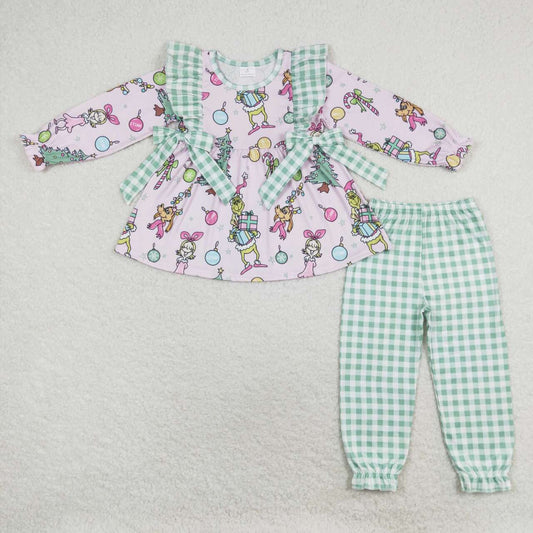 GLP1189 Green Frog Tunic Top Plaid Pants Girls Christmas Clothes Set