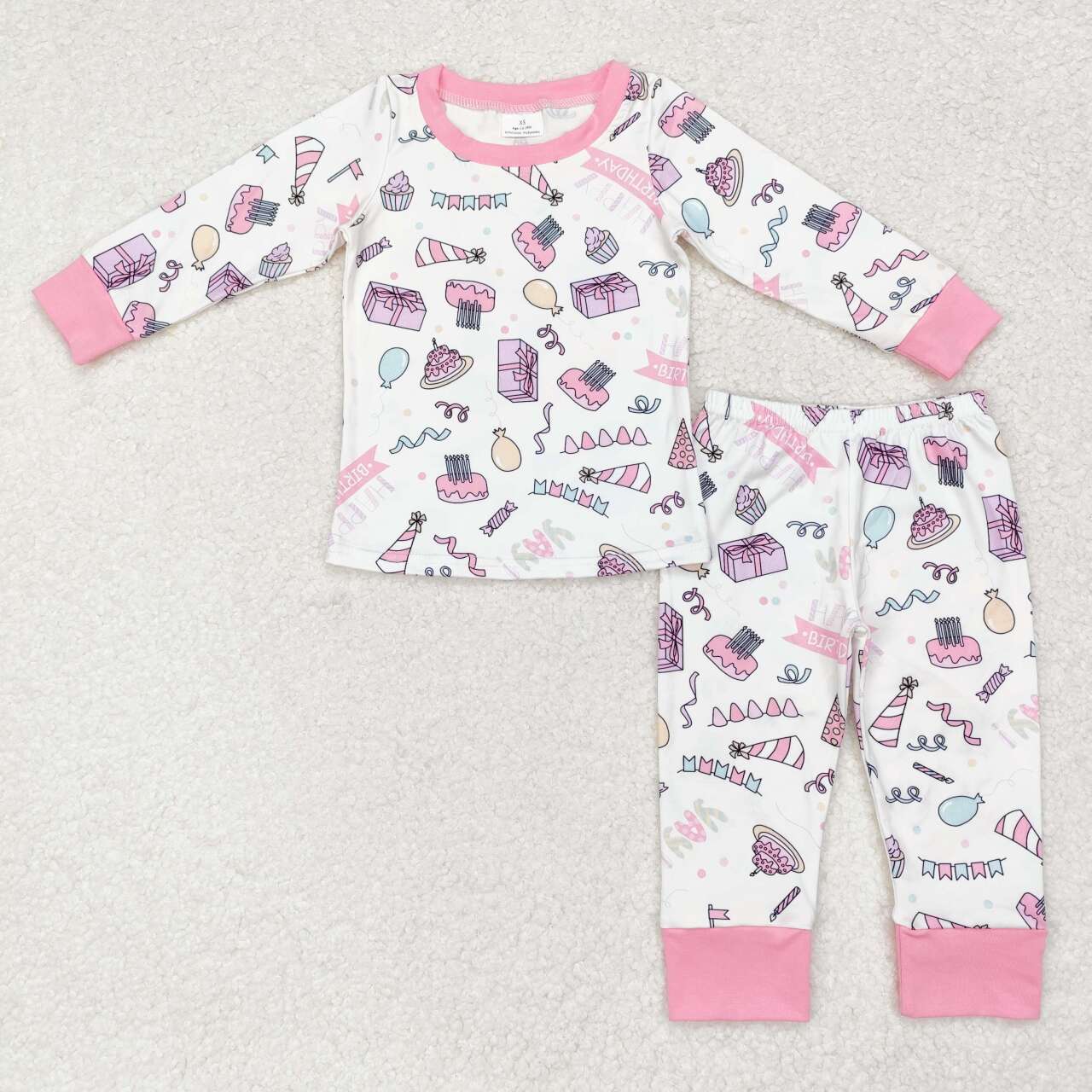 GLP1190 Pink Balloon Cake Print Happy Birthday Girls Fall Pajamas Clothes Set