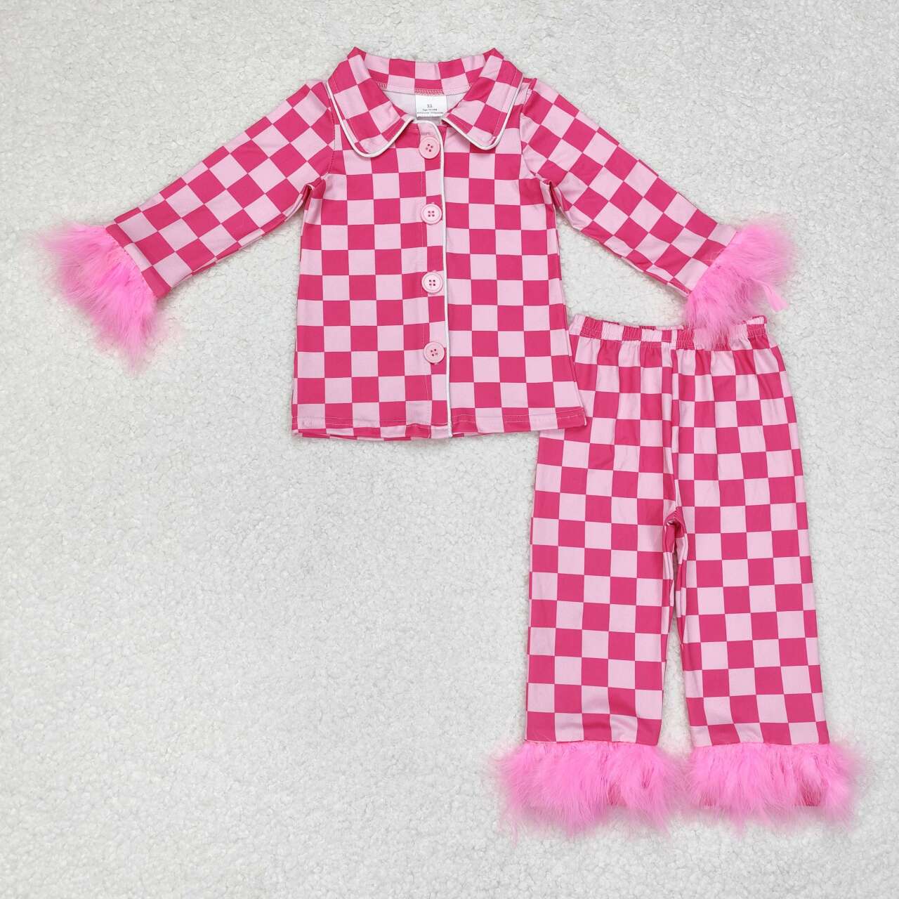 GLP1256-2 Hotpink Plaid Print Girls Fall Buttons Fur Pajamas Clothes Set