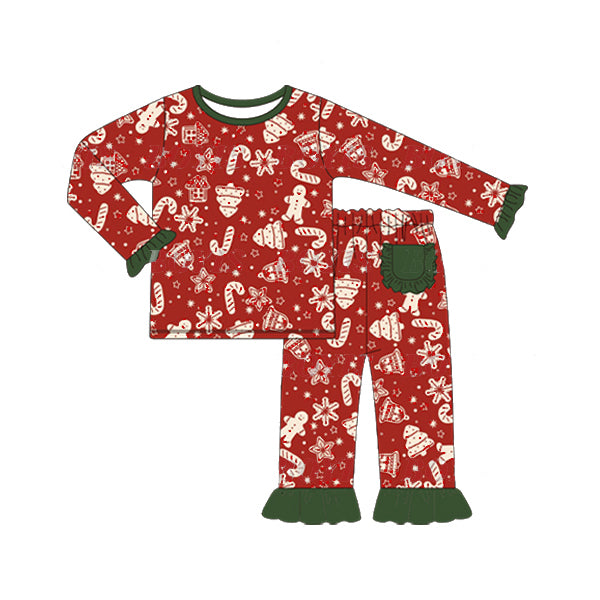 (Pre-order)GLP1276 Red Gingerbread Print Girls Christmas Pajamas Clothes Set