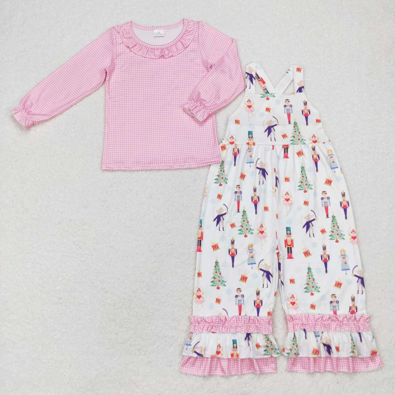 GLP1368 Pink Plaid Top Cartoon Nutcracker Soldiers Jumpsuits Girls Christmas Clothes Set
