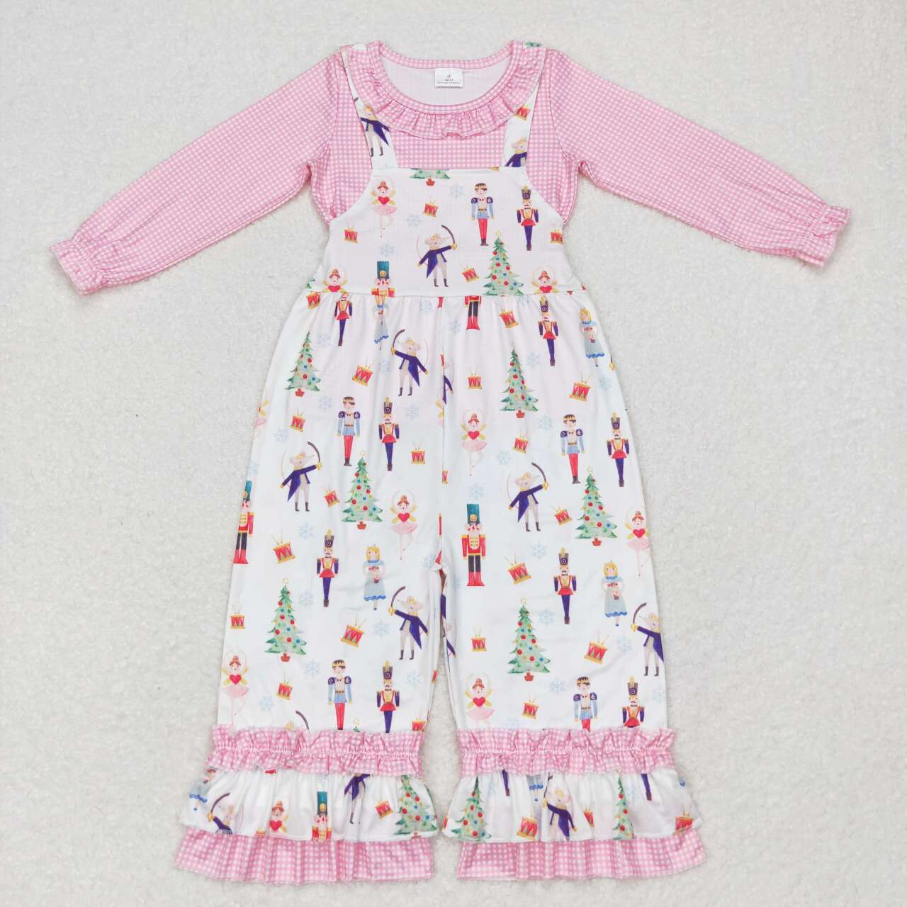 GLP1368 Pink Plaid Top Cartoon Nutcracker Soldiers Jumpsuits Girls Christmas Clothes Set