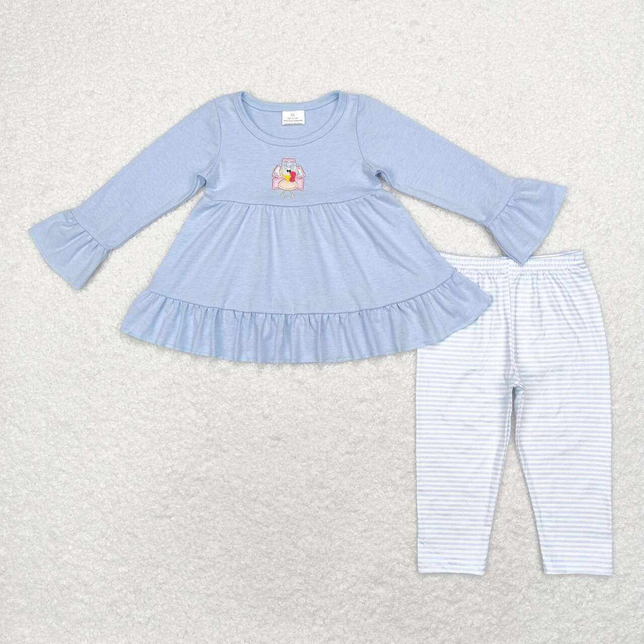 GLP1384 Turkey Embroidery Blue Tunic Top Stripes Legging Pants Girls Thanksgiving Clothes Set