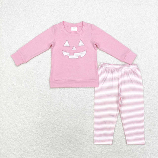GLP1825 Smiling Face Embroidery Pink Top Stripes Pants Girls Halloween Clothes Set