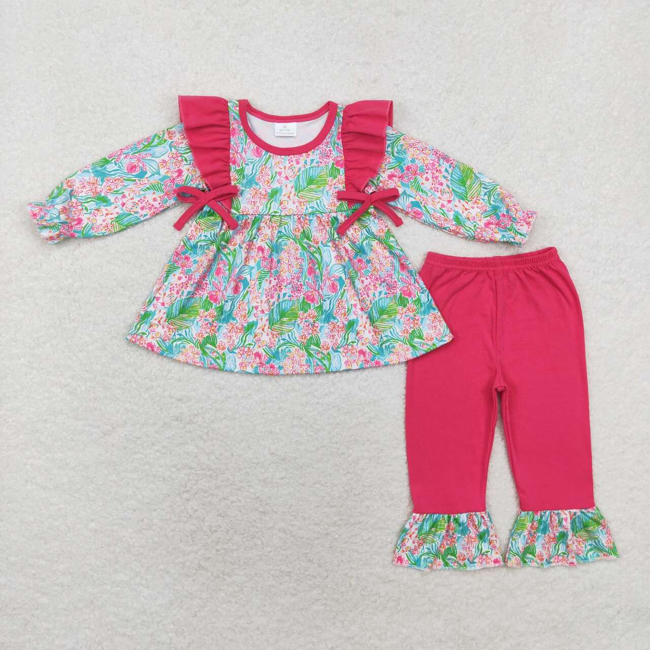 GLP1430 Hotpink Flowers Tunic Top Ruffle Pants Girls Fall Clothes Set