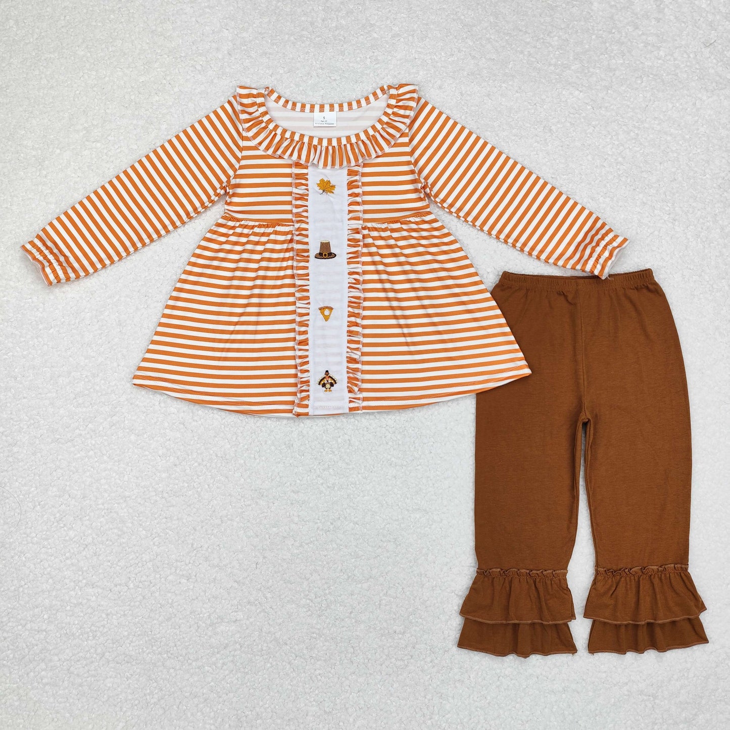 GLP1435 Turkey Pie Embroidery Stripes Tunic Top Brown Pants Girls Thanksgiving Clothes Set