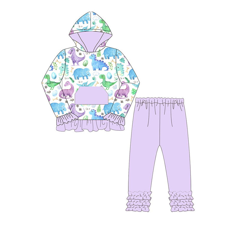 (Pre-order)GLP1441 Dino Hoodie Top Purple Pants Girls Fall Clothes Set